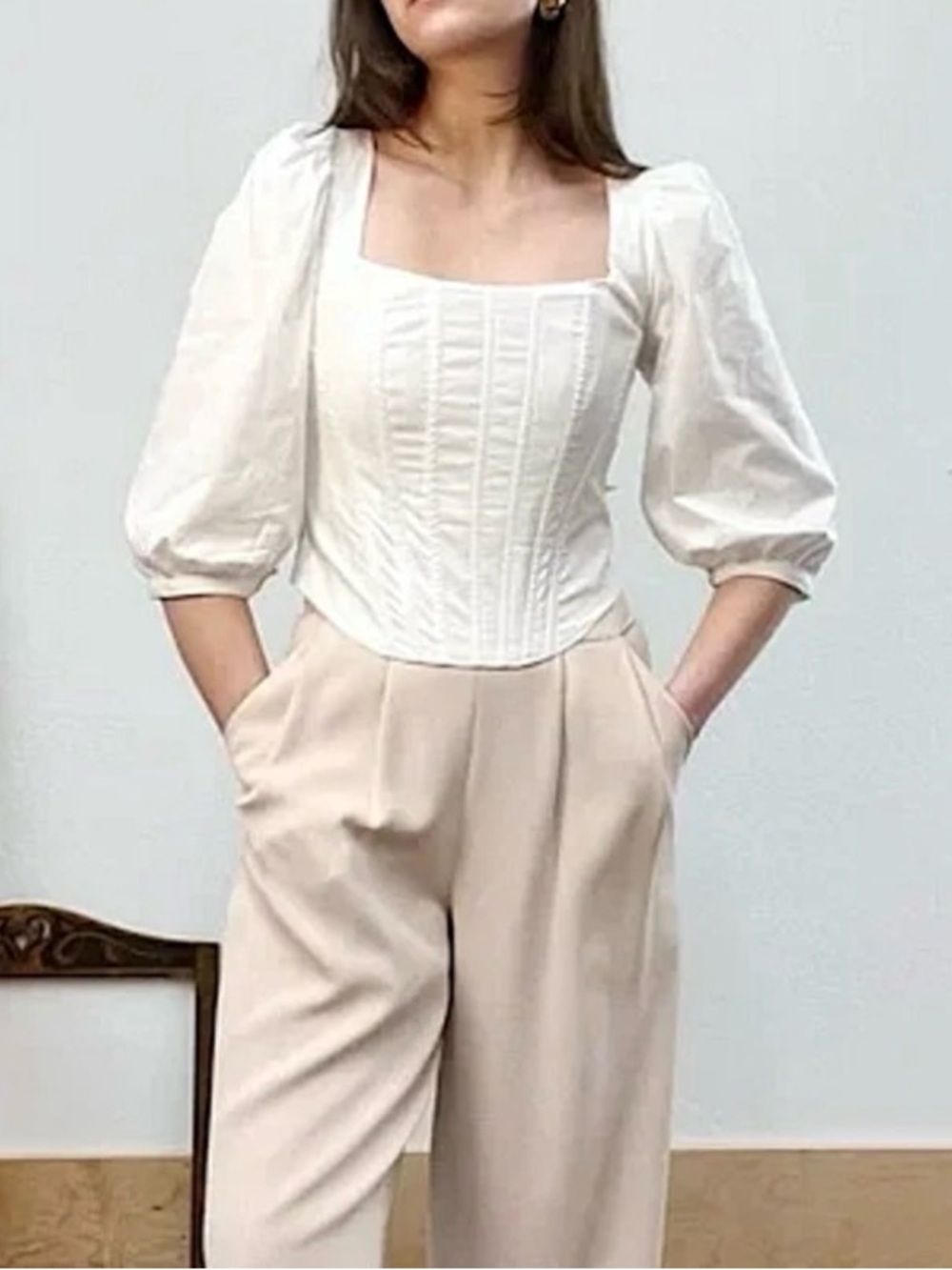Jason Wu White Corset Peasant Top Puffed Sleeves Square Neckline Size Medium NWT